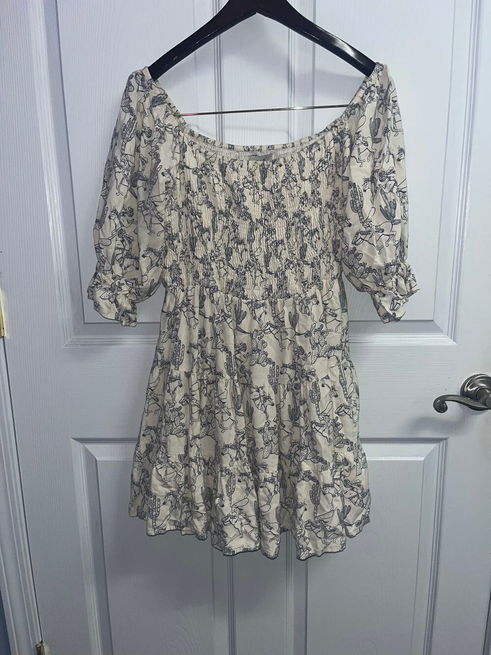 Rockin' C Western Sketch Horse & Cactus Smocked Mini Dress Small Boho Cowgirl